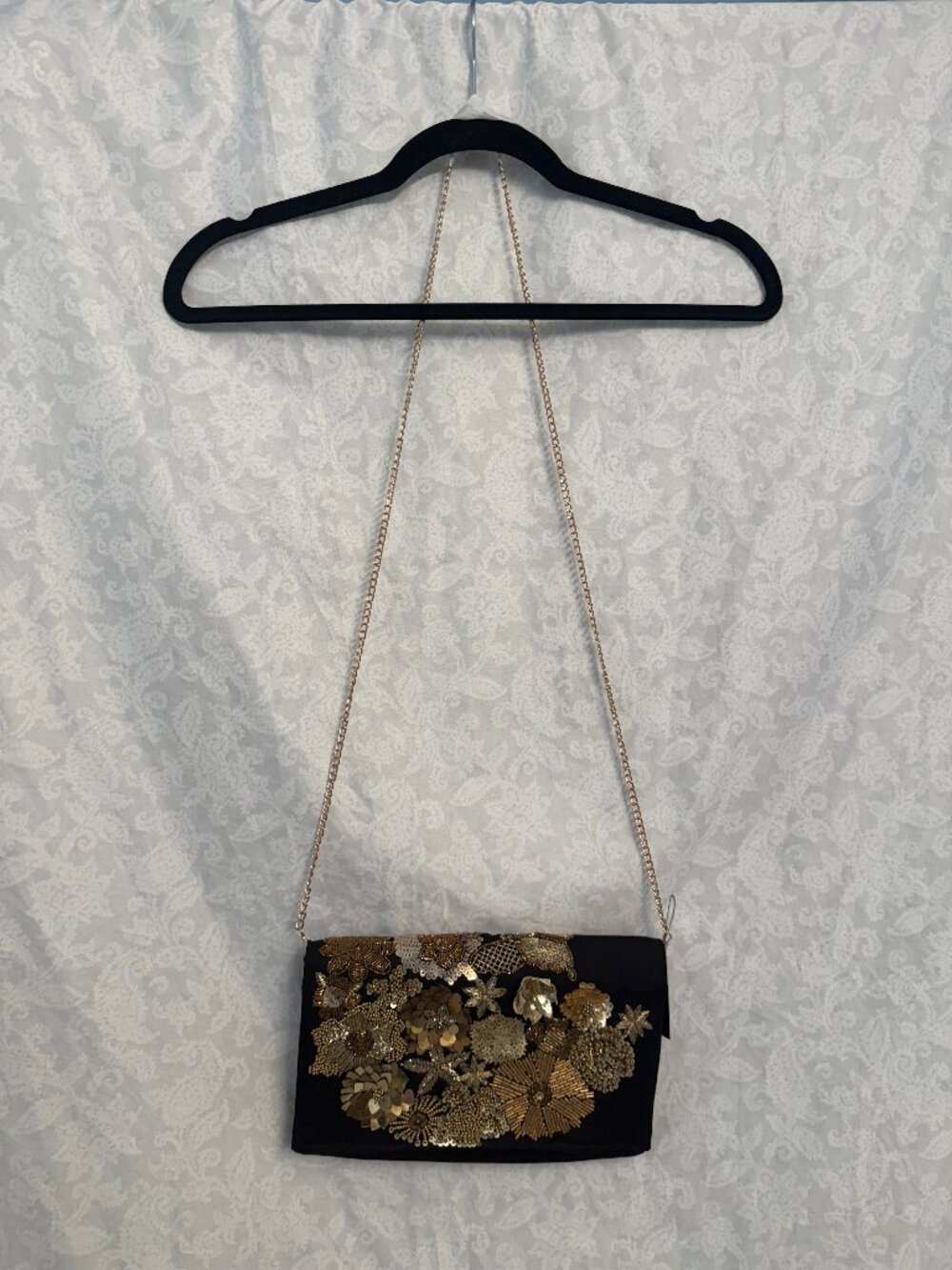 NWT Lulus Black Clutch w Gold Embellishments and Removable Gold Chain Strap
